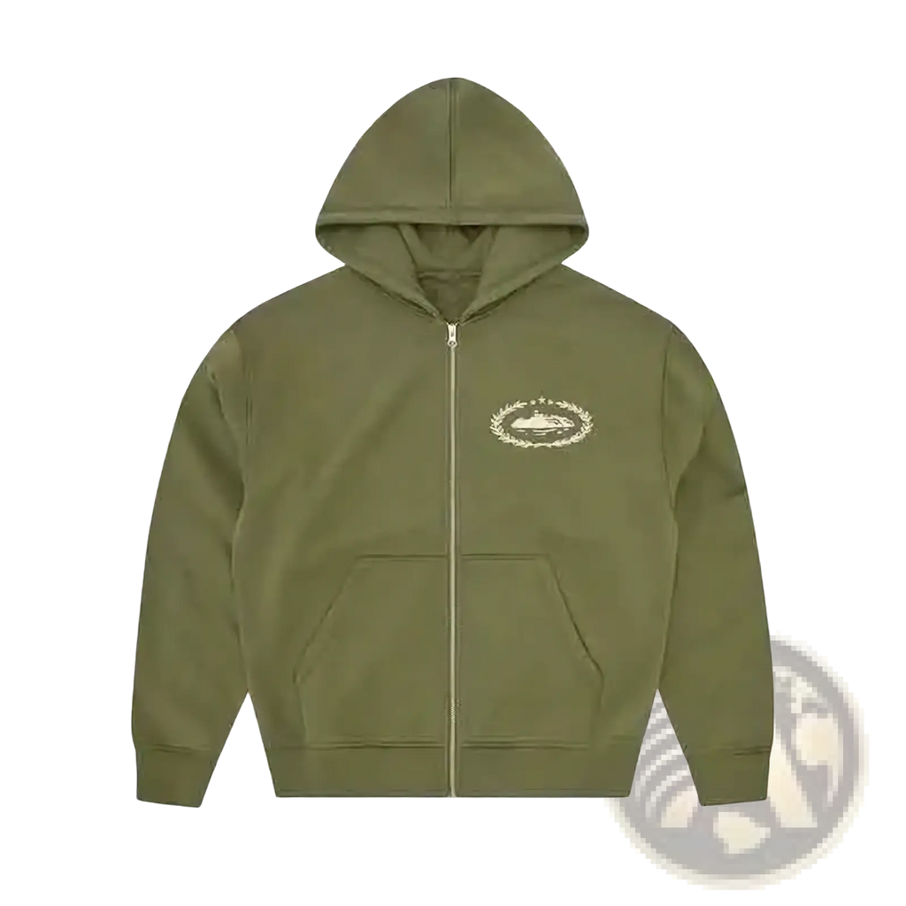 Betawoo men fleece zip up hoodie in olive green with white embroidered logo on the chest