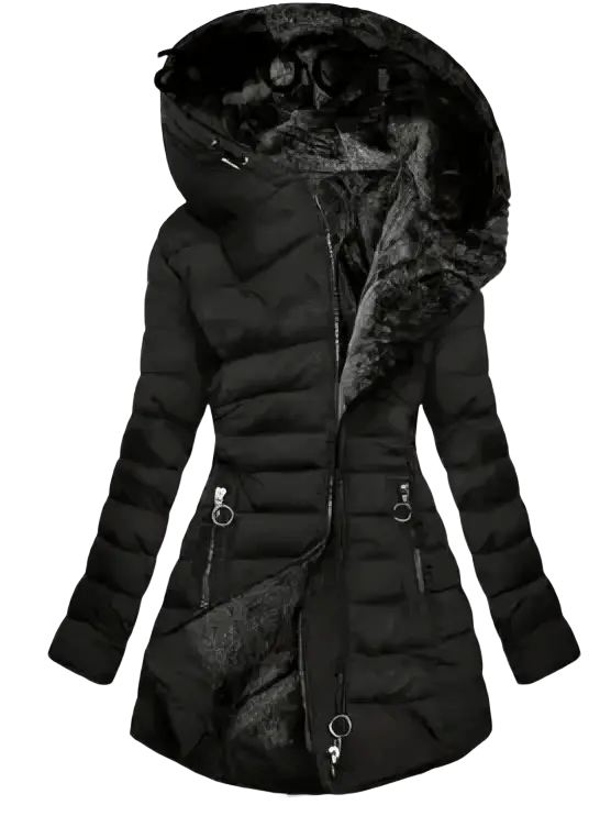 Betawoo women hooded fleece puffer jacket winter coat in black with quilted design and plush fur-lined hood