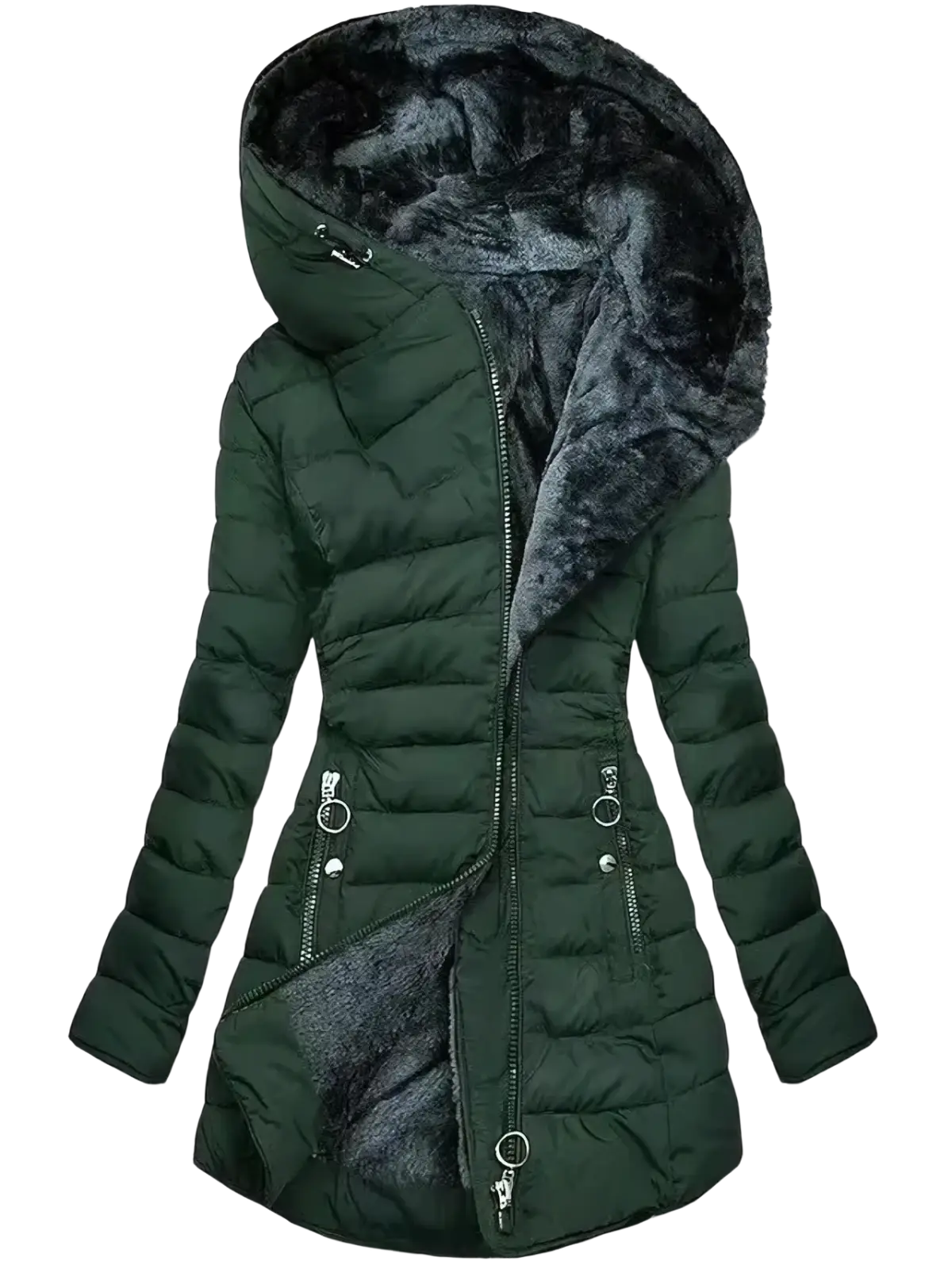 Betawoo women hooded fleece puffer jacket dark green quilted winter coat with faux-fur-lined hood and silver zipper pockets