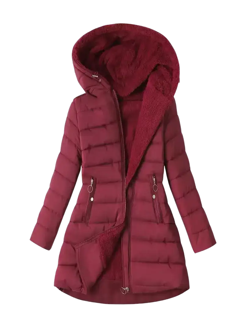 Betawoo women hooded fleece puffer jacket winter coat in maroon with plush hood and quilted design