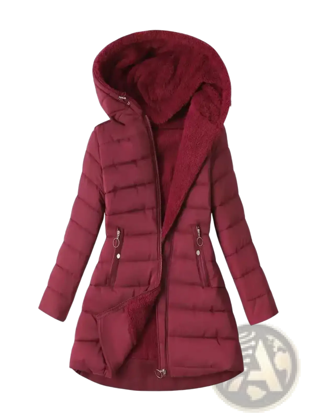 Betawoo women hooded fleece puffer jacket winter coat in maroon with plush hood and quilted design