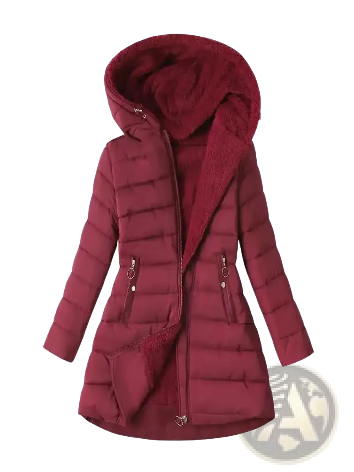 Betawoo women hooded fleece puffer jacket winter coat in maroon with plush hood and quilted design