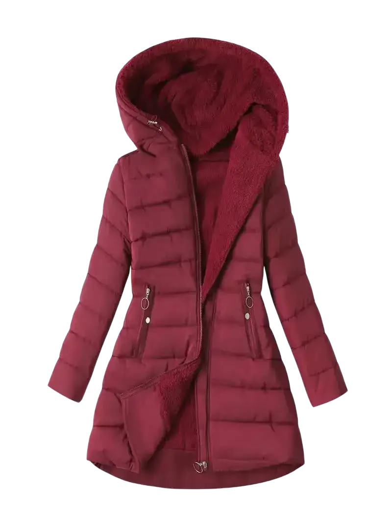 Betawoo women hooded fleece puffer jacket winter coat in maroon quilted design with plush hood and front zipper closure