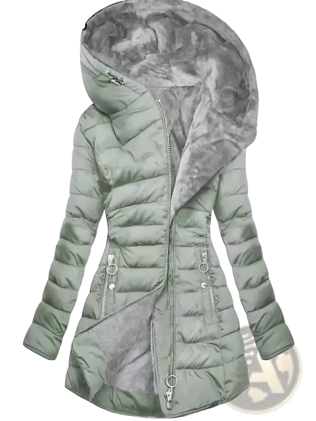 Betawoo women hooded fleece puffer jacket in light green quilted fabric with plush gray faux fur hood and silver zippers