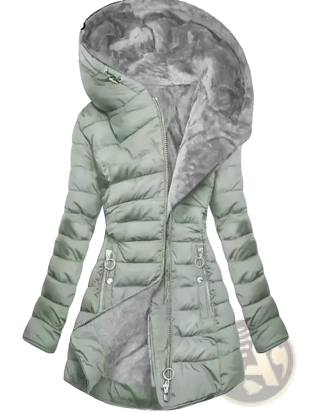 Betawoo women hooded fleece puffer jacket in light green quilted fabric with plush gray faux fur hood and silver zippers
