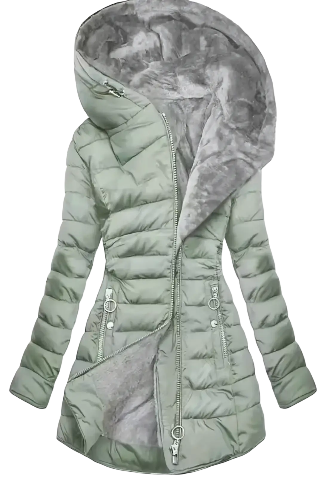 Betawoo women hooded fleece puffer jacket in sleek olive green quilted design with detachable gray faux fur hood and silver zippers