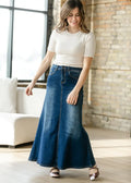 Bethany dark wash a-line denim maxi skirt with medium blue wash flared silhouette and classic stitching details