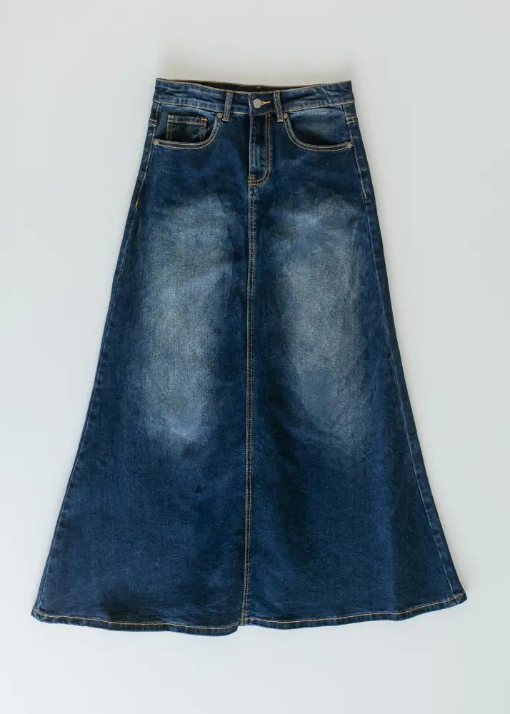 Bethany dark wash a-line denim maxi skirt in dark blue with a classic high-waisted design and two front pockets