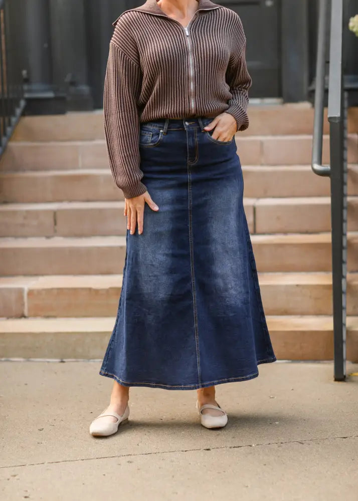 Bethany dark wash a-line denim maxi skirt in dark blue with straight hem and front zipper detail