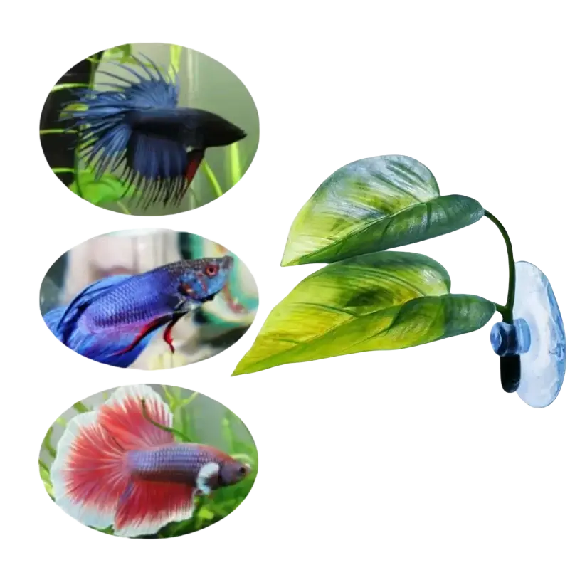 Green artificial aquarium plant with suction cup base for betta fish leaf hammock decoration