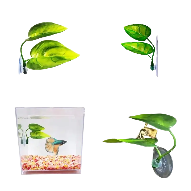 Green plastic betta fish leaf hammock artificial plant with suction cup base and realistic artificial leaves