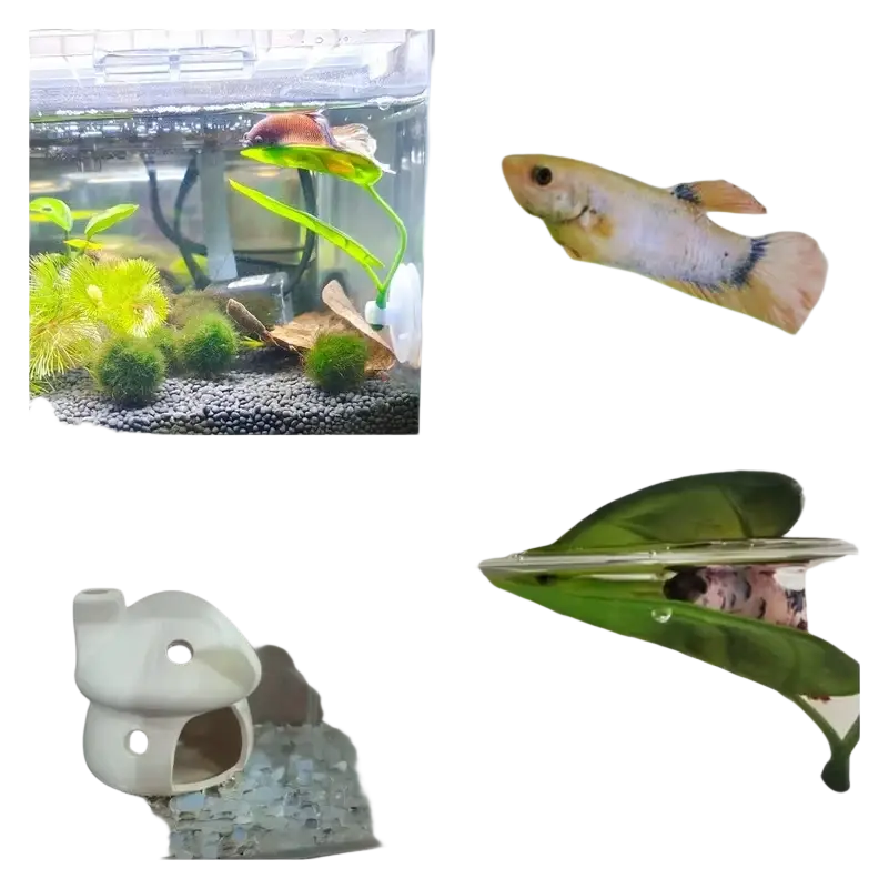 White ceramic mushroom-shaped fish tank ornament for betta fish leaf hammock artificial plant decoration