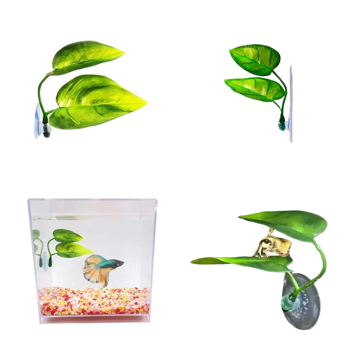 Green artificial betta leaf hammock plant with suction cups for aquarium decoration and fish resting spots