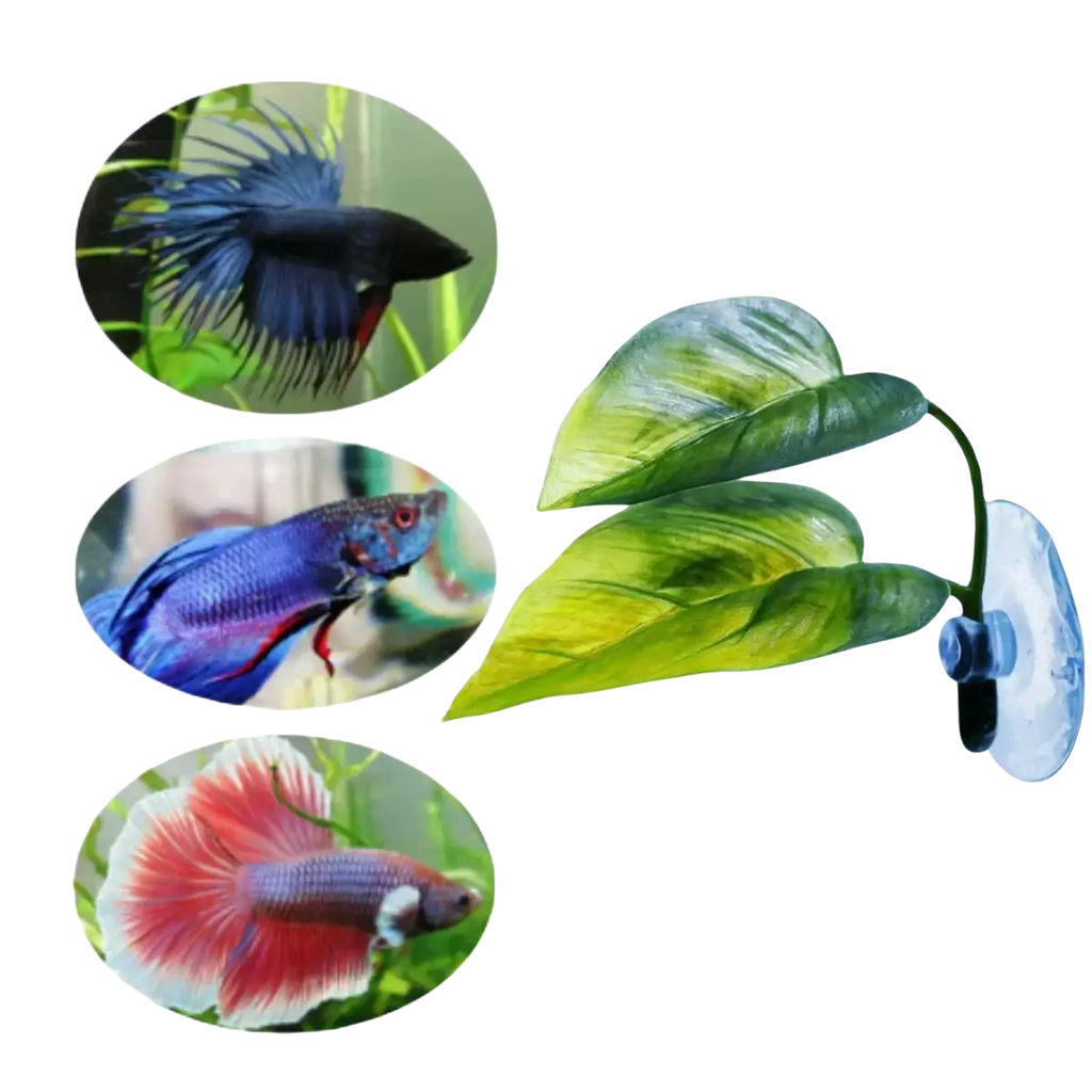 Green artificial betta leaf hammock aquarium plant with suction cup attachment for tank decoration