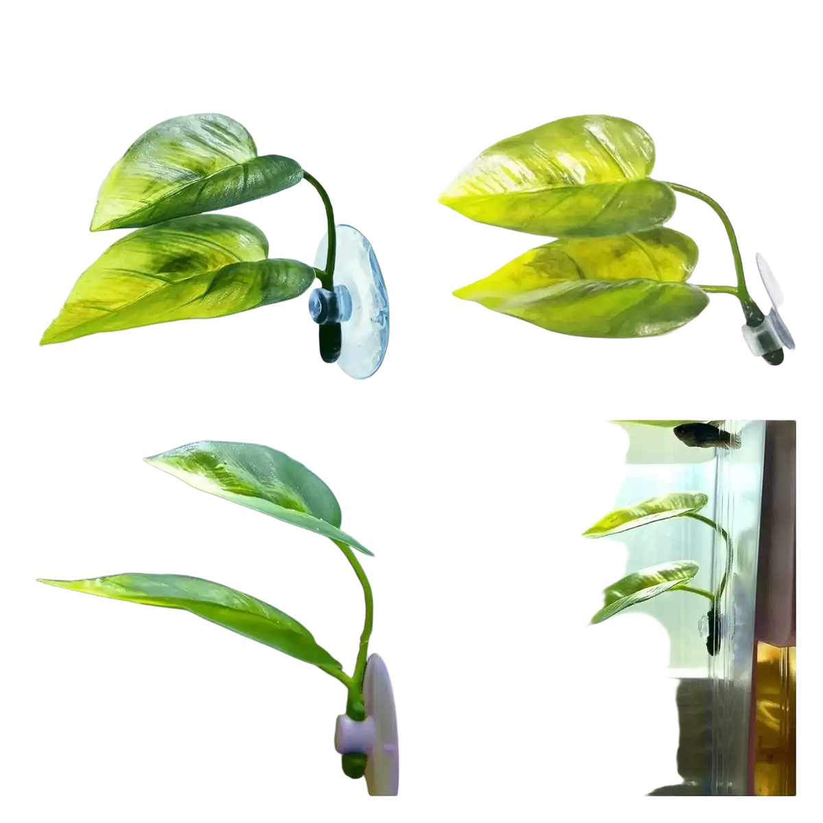 Green artificial betta leaf hammock aquarium plant with glossy leaves and suction cup base for decoration