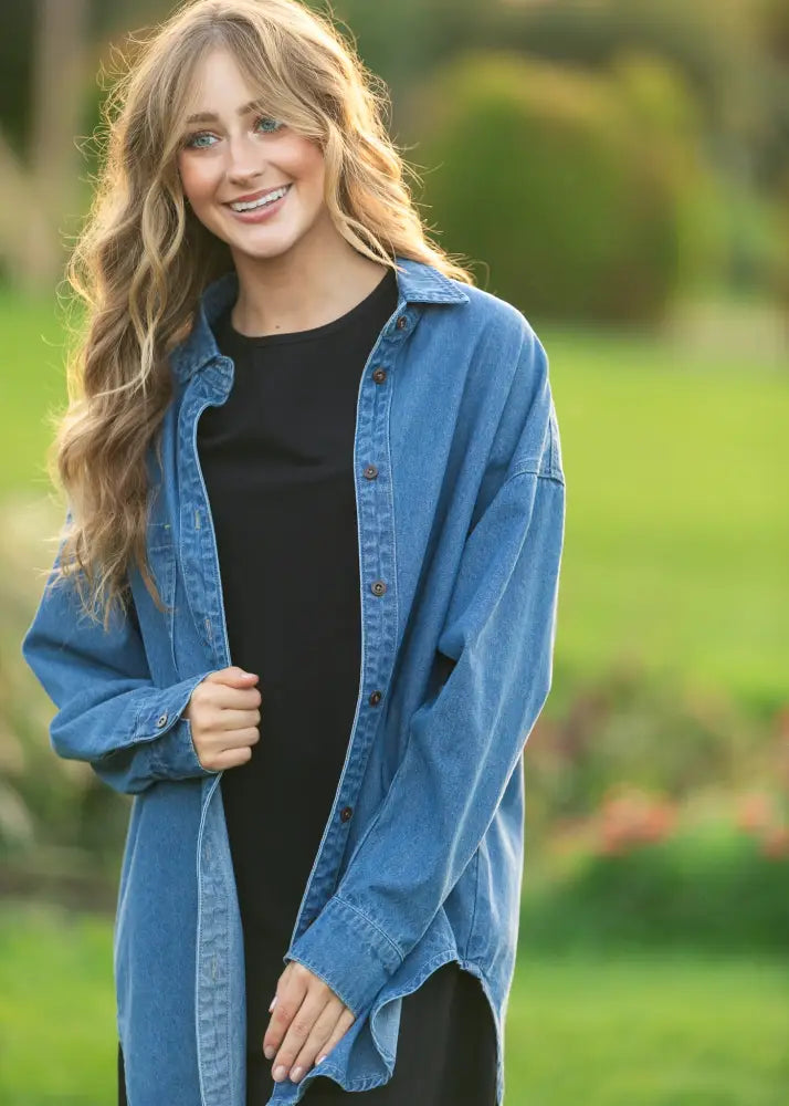 Betty Denim relaxed button up shirt in blue denim with a relaxed fit and rolled cuffs for casual wear