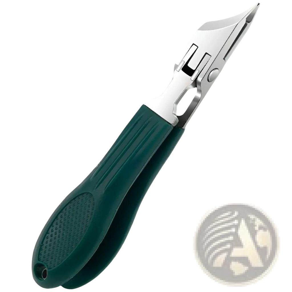 Bevel nail clippers 3 piece anti splash set with green plastic-handled utility knife featuring metallic blade and safety lock