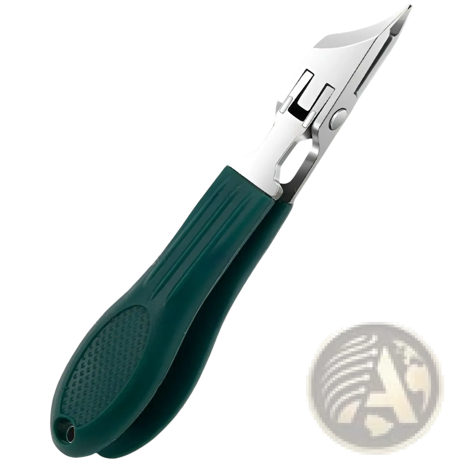 Bevel nail clippers 3 piece anti splash set with green plastic-handled utility knife featuring metallic blade and safety lock