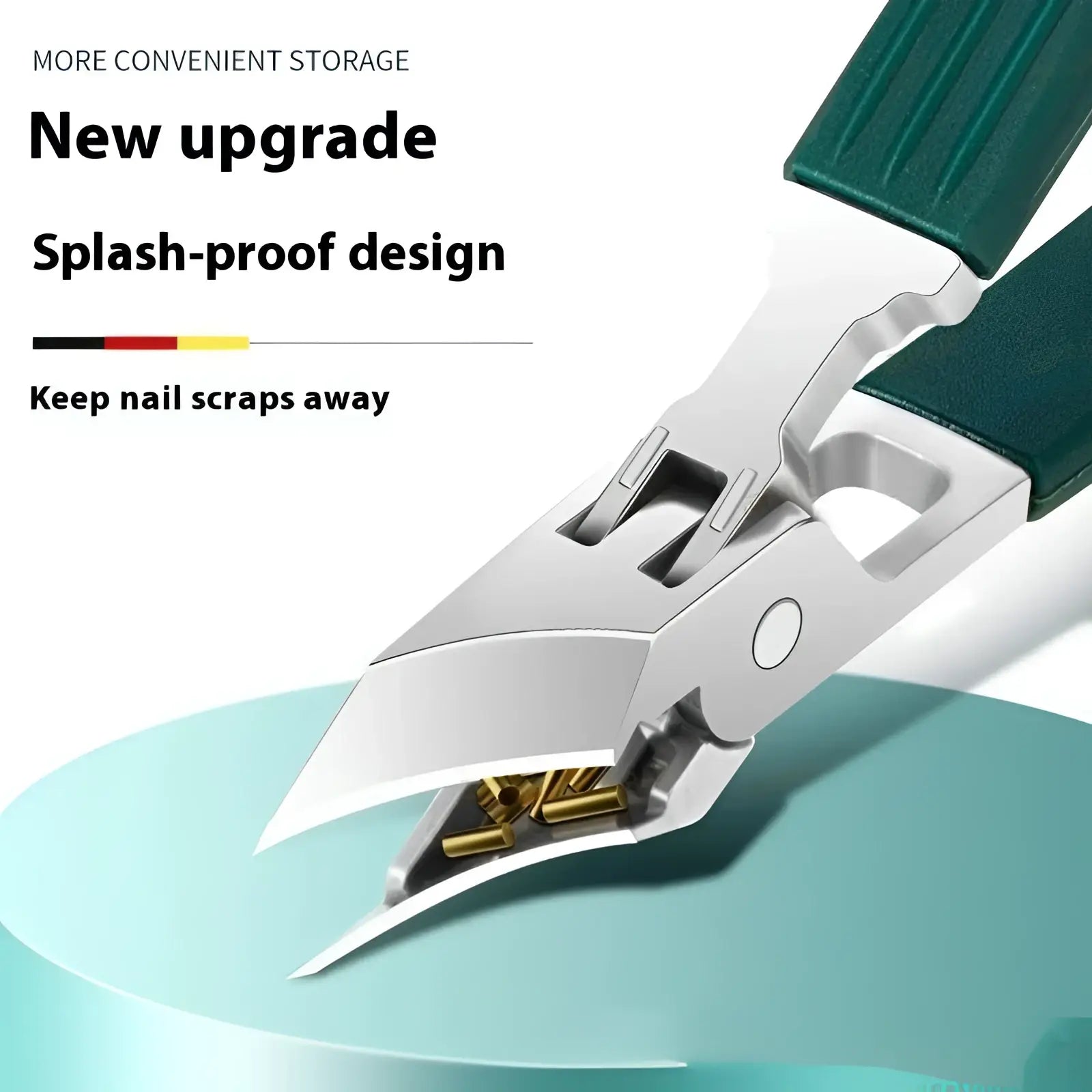 Silver bevel nail clipper with green textured handles and splash-proof design from 3 piece anti splash set