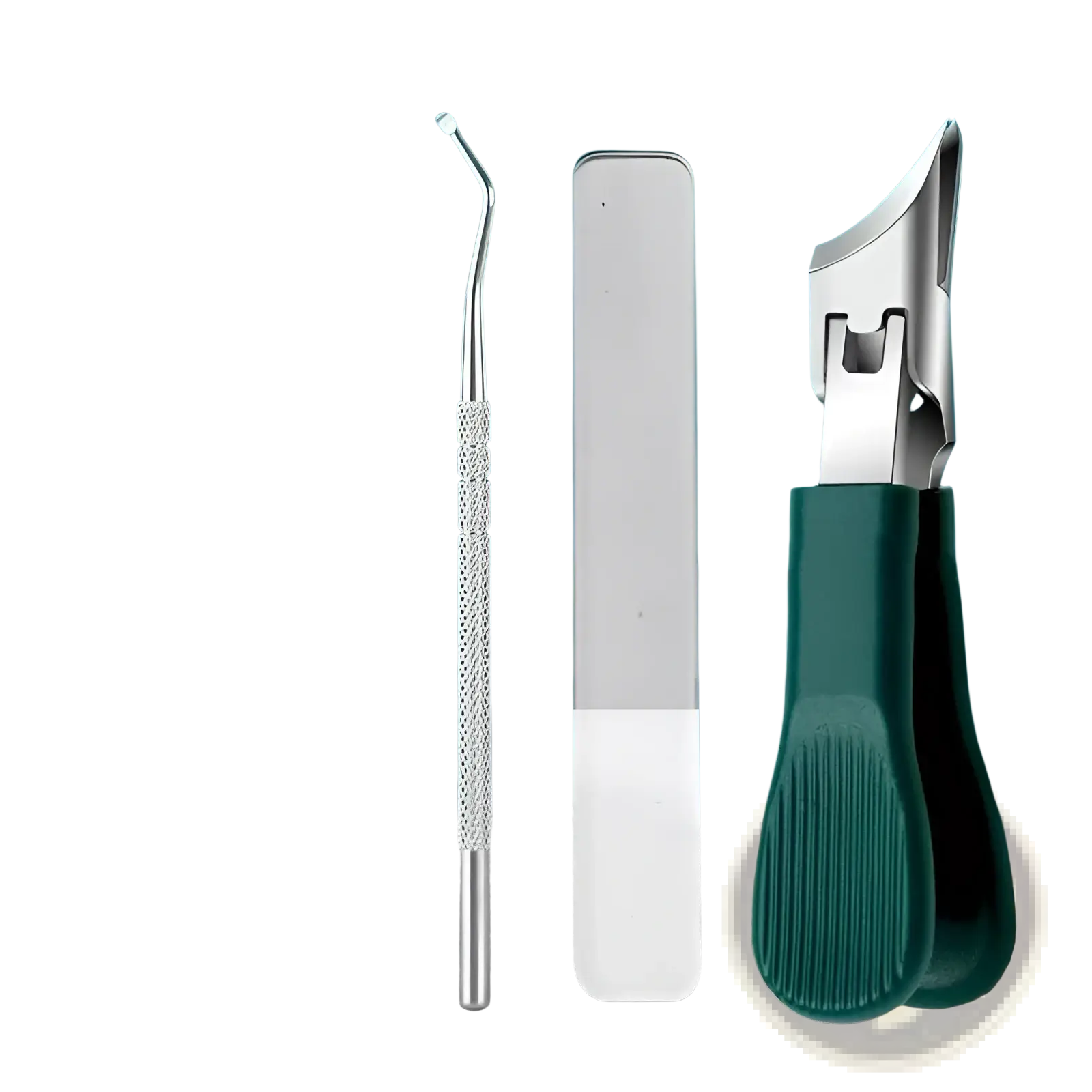 Bevel nail clippers 3 piece anti splash set with silver nail scraper, textured grip, glass file, and green handle clippers