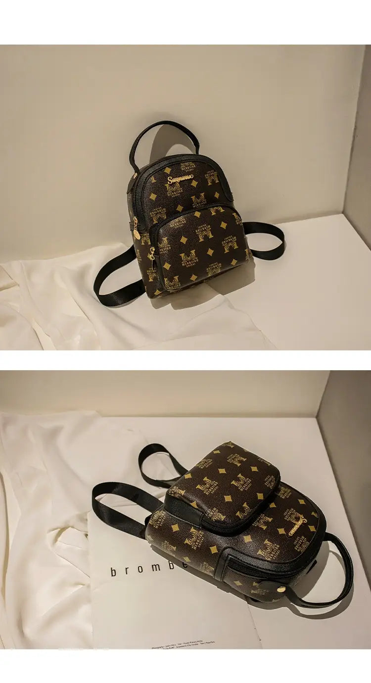 Mini backpack cow and snake print Korean style in brown and gold with black straps and a patterned design.
