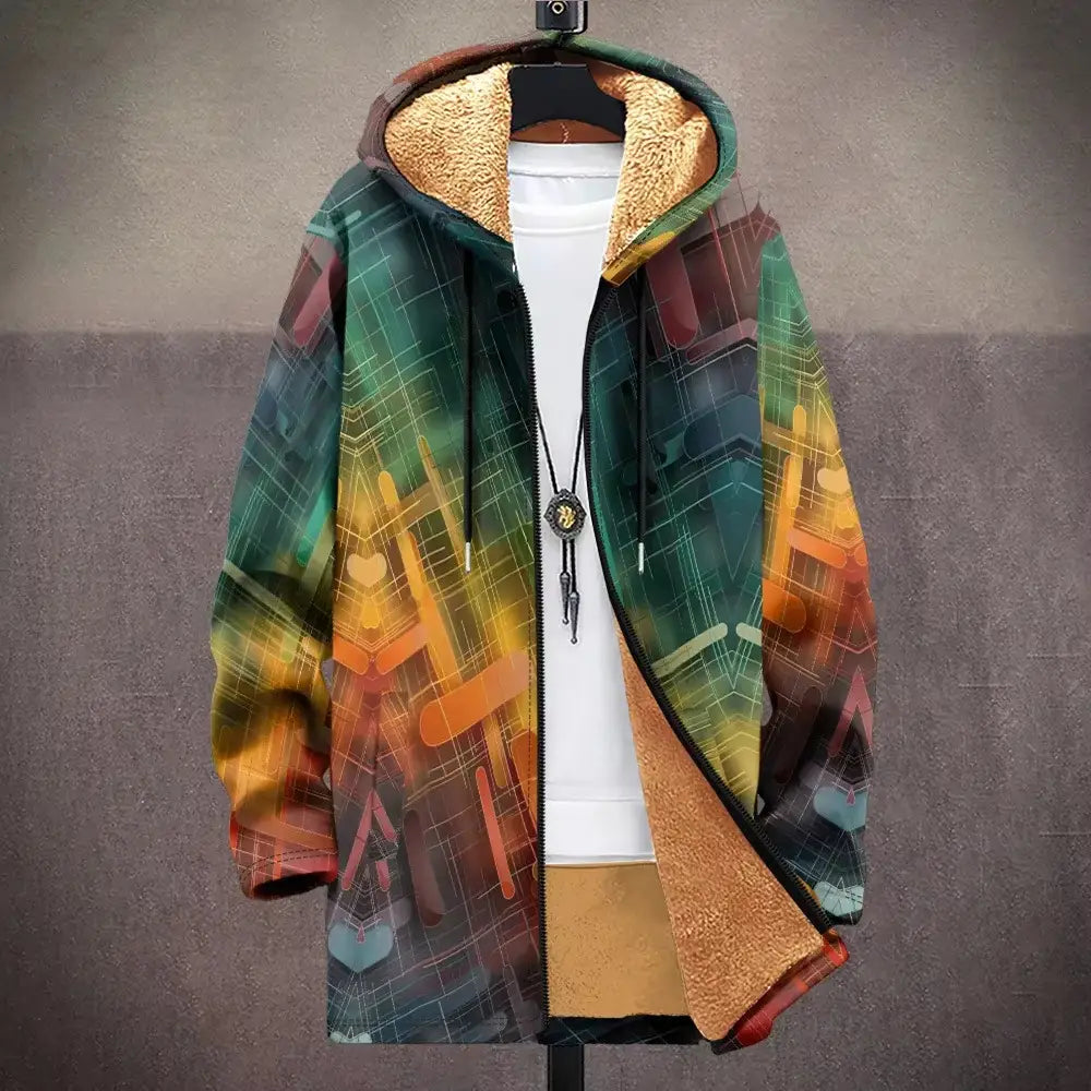 A vibrant hooded zip-up trench coat with a geometric abstract design in green yellow orange and brown featuring a plush tan fleece lining.