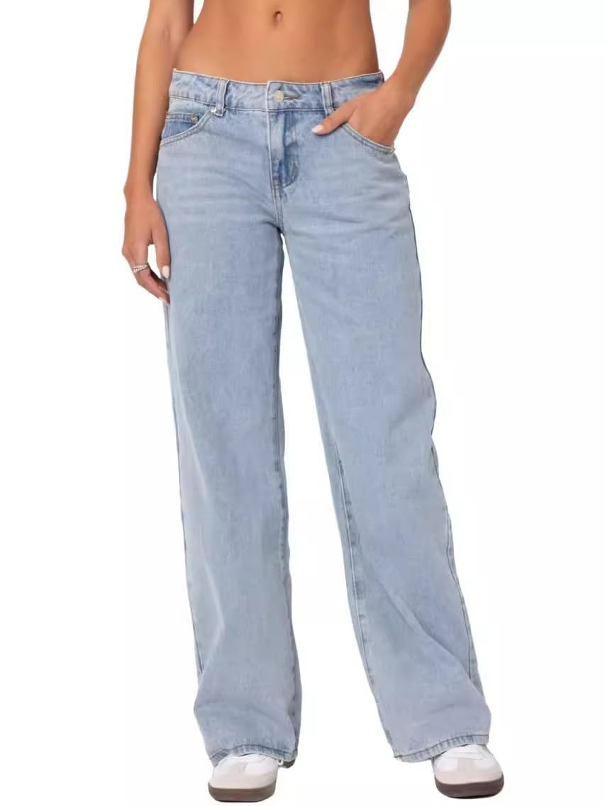 Light-wash high waist wide leg denim jeans with a relaxed straight-leg cut made from denim material.