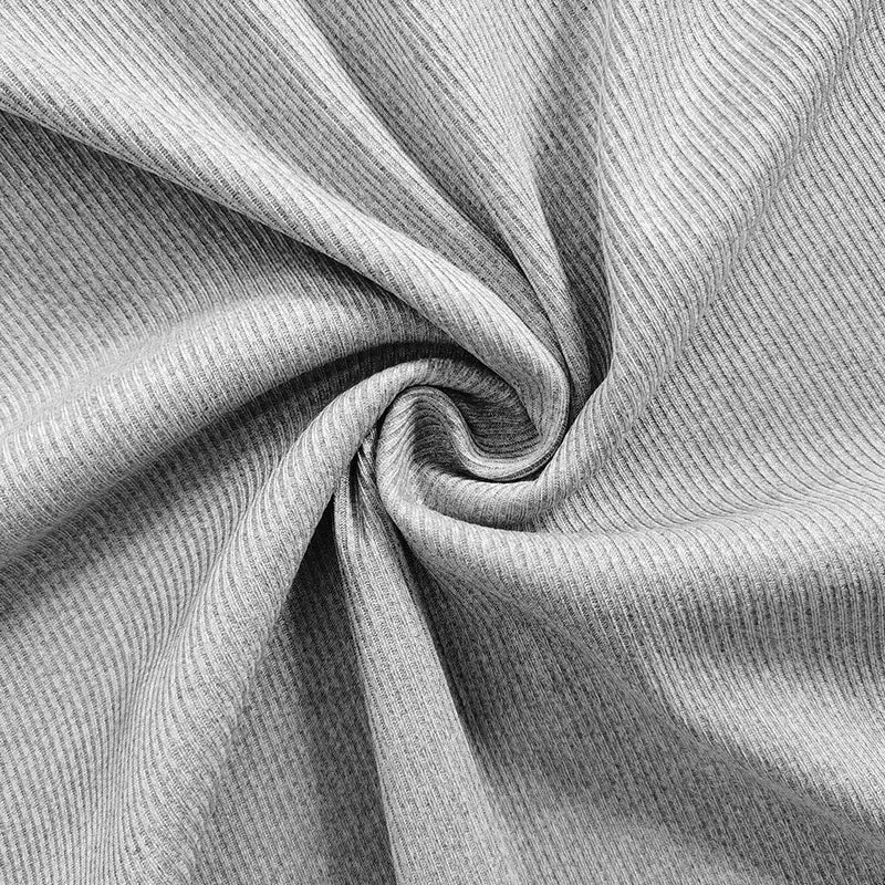 Gray ribbed knit fabric with a soft textured surface featured in a women’s ruffled ribbed knit slim fit mock neck top.