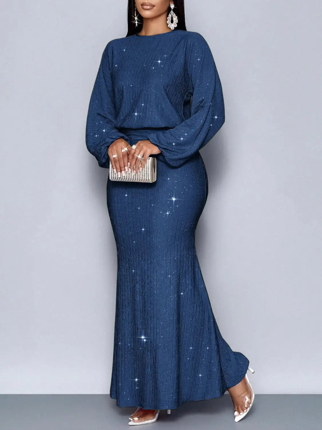 A navy blue, star-patterned, ribbed textured, long-sleeved mermaid dress with a high neckline from the Sequin Lantern Sleeve Mermaid Two Piece Set.
