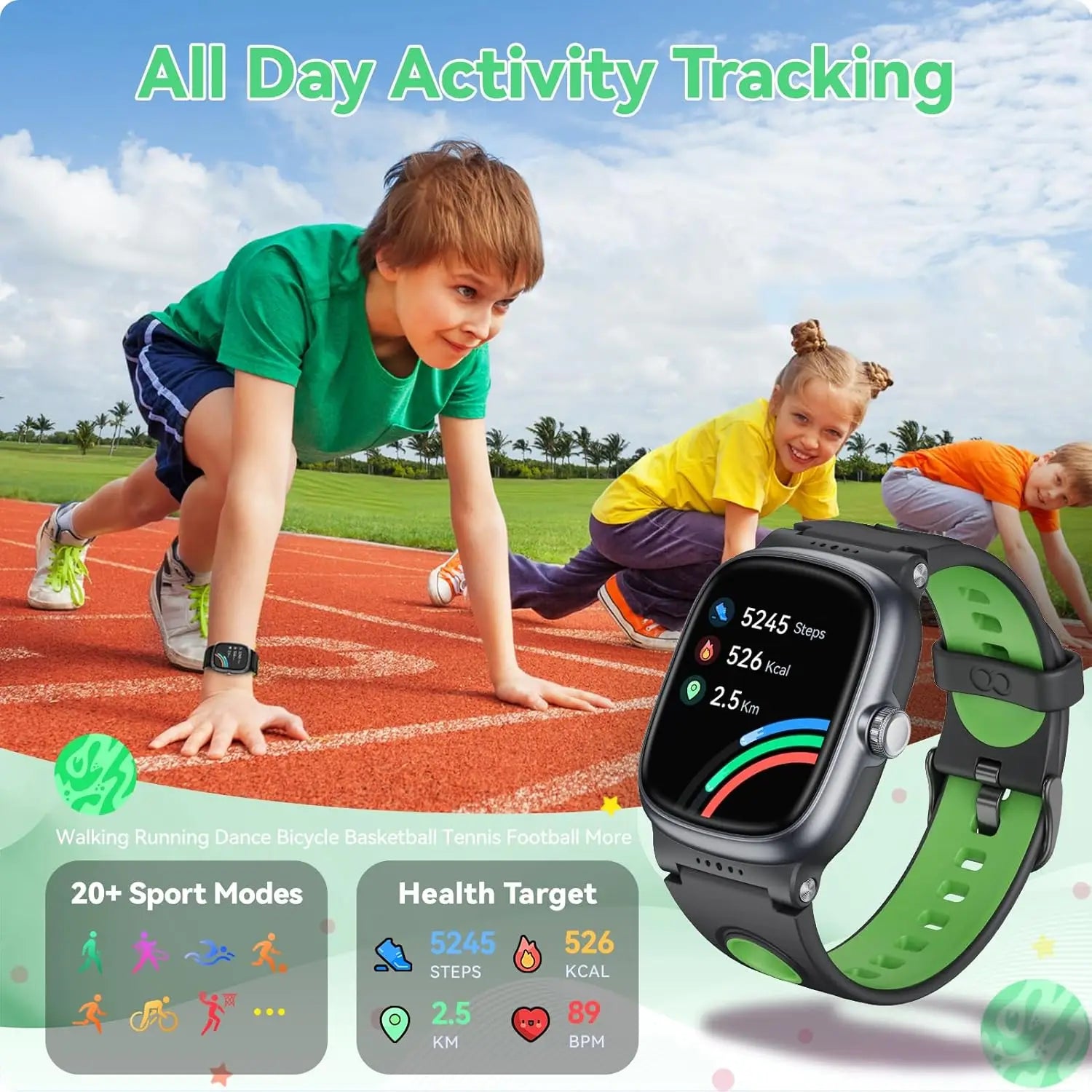 Black and green k1 kids waterproof smartwatch with a rectangular screen displaying activity metrics and fitness tracking features.
