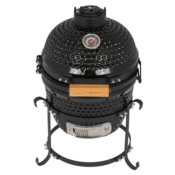Black ceramic 13 inch kamado charcoal grill featuring a honeycomb textured surface, wooden handle on the lid, and stainless steel accents.