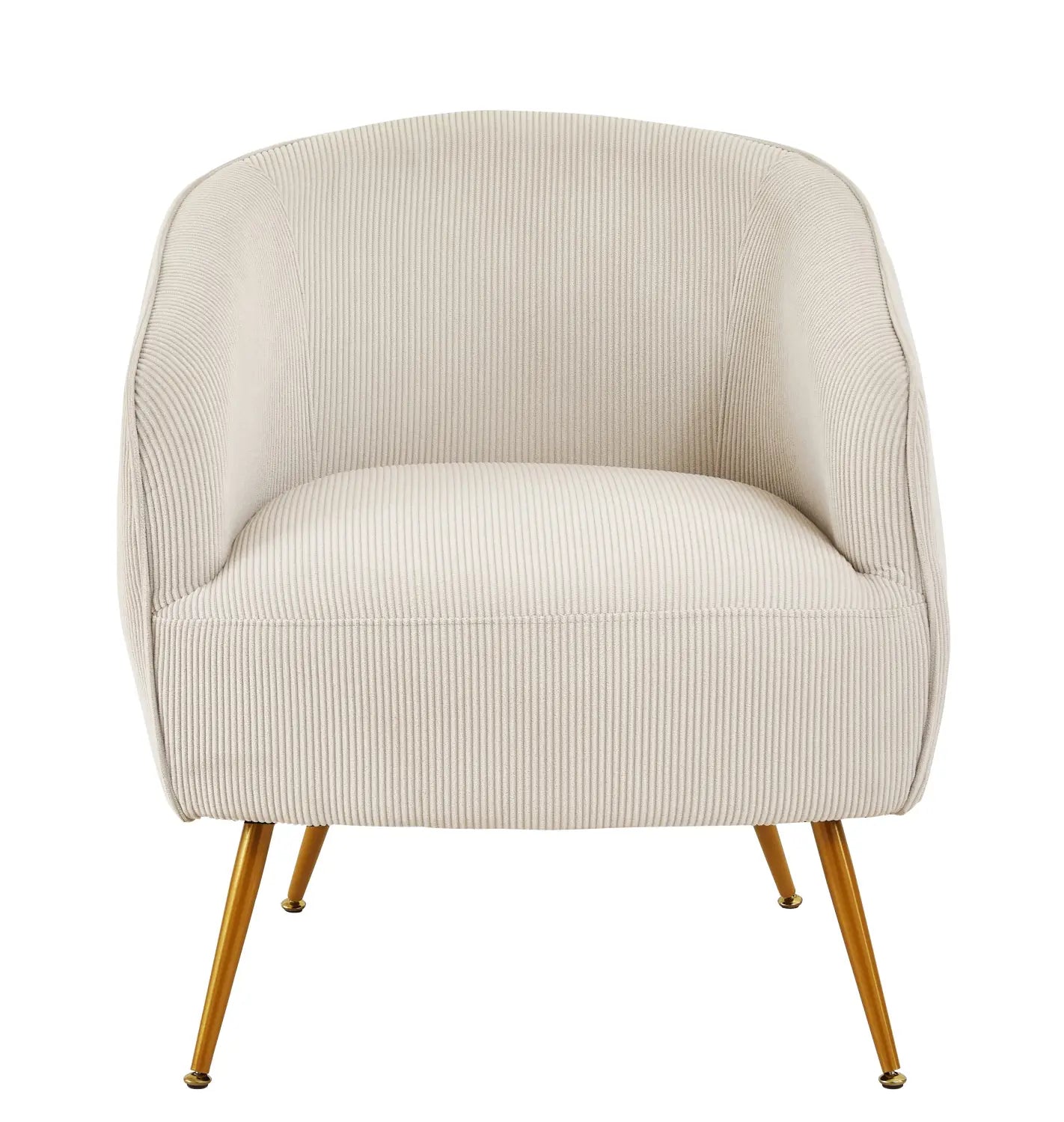 Cream-colored corduroy accent chair with gold-tone tapered legs and beige upholstery.