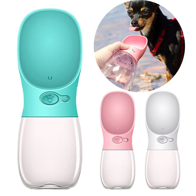 Teal and clear plastic pet water bottle with a paw print button on the side designed as a portable outdoor leakproof cup.