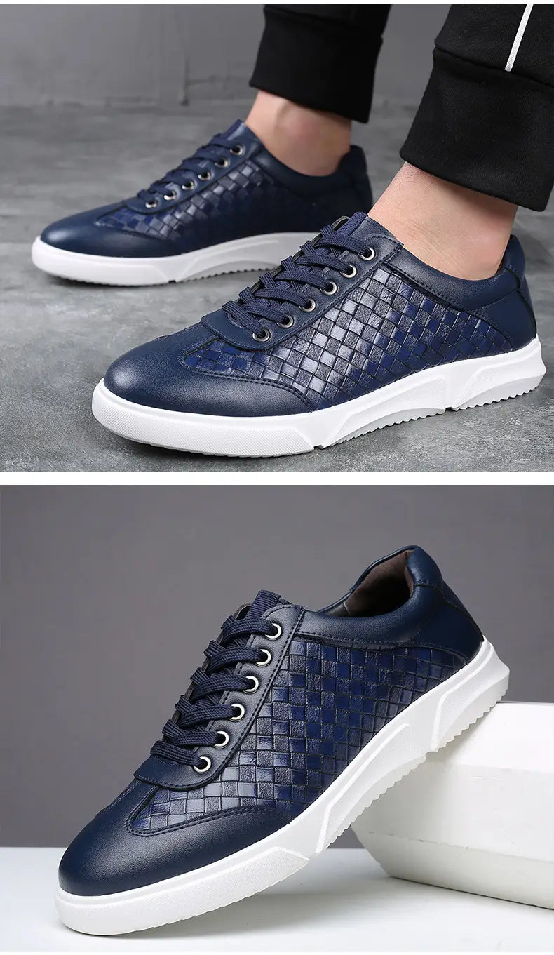 Zapatillas casuales de cuero tejido para hombre en azul oscuro con suelas de goma blancas y detalles negros