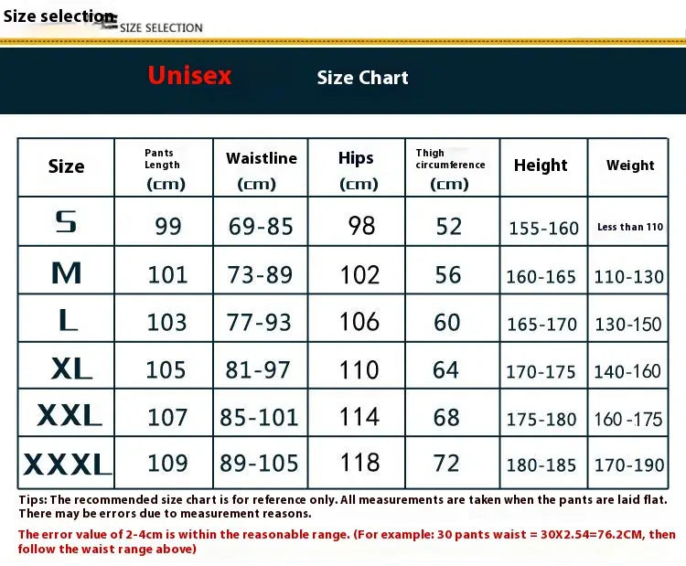 Unisex size chart for convertible tactical hiking pants displaying pants measurements in centimeters from size s to xxxl with corresponding height and weight ranges.