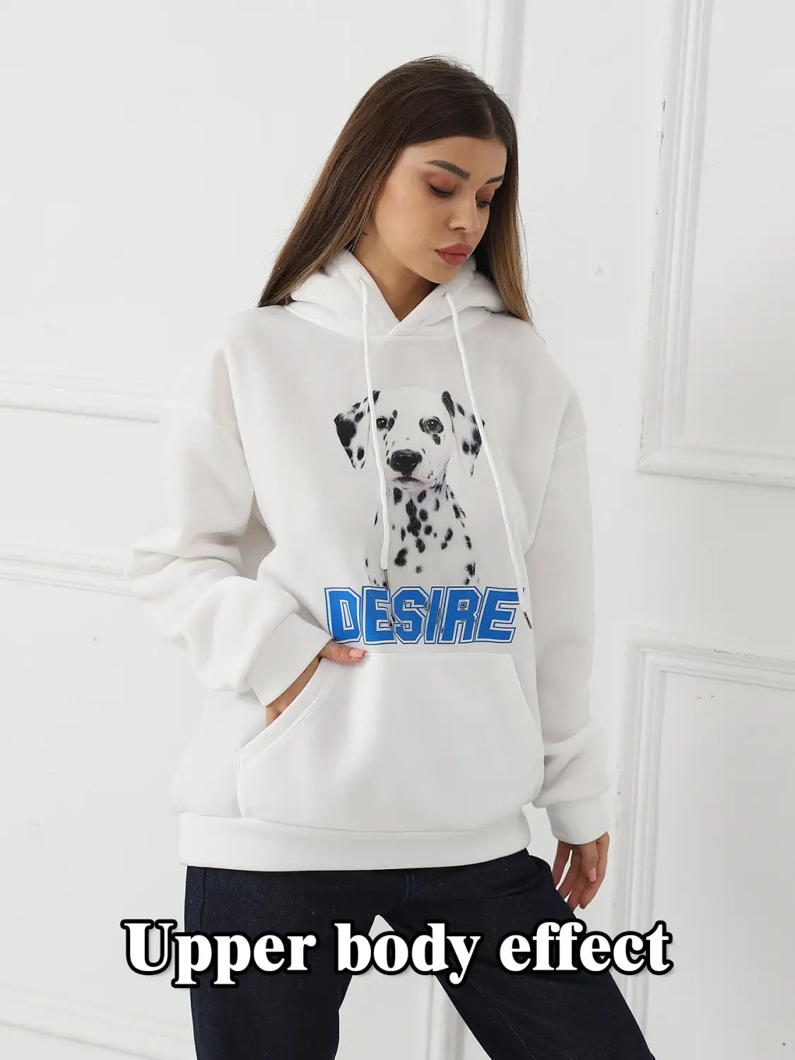 White hoodie featuring a black and white dalmatian graphic with blue desire lettering across the chest and a cat ear hood for women.