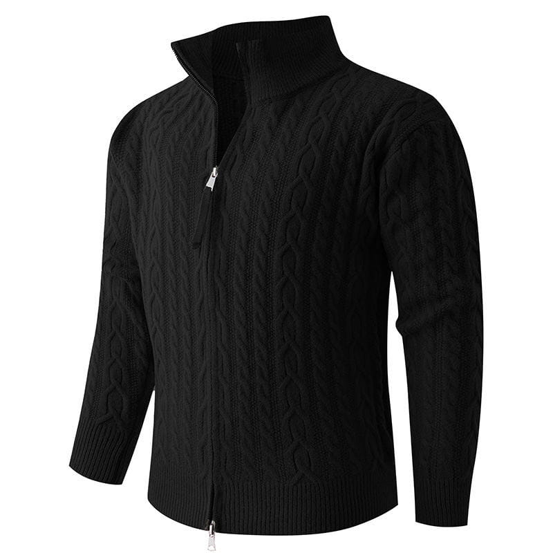 Men thick half zip cable knit sweater in black featuring ribbed cuffs and hem made from thick cable knit material.