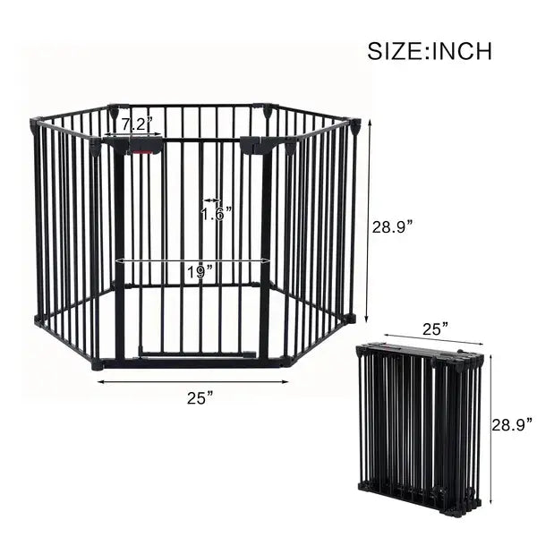 Black metal baby safety gate with foldable design and adjustable height for a 150 inch metal baby safety gate and play yard.