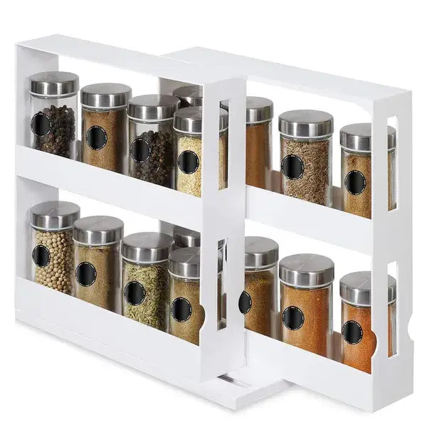 organisateur d’armoire pivotante avec étagère à deux niveaux pour épices, tournante, avec bocaux en verre transparent et couvercles en acier inoxydable