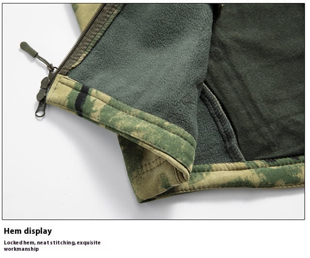 men’s waterproof tactical fleece soft shell jacket in green and brown camouflage pattern with olive-green fleece interior lining and reinforced stitching along the hem