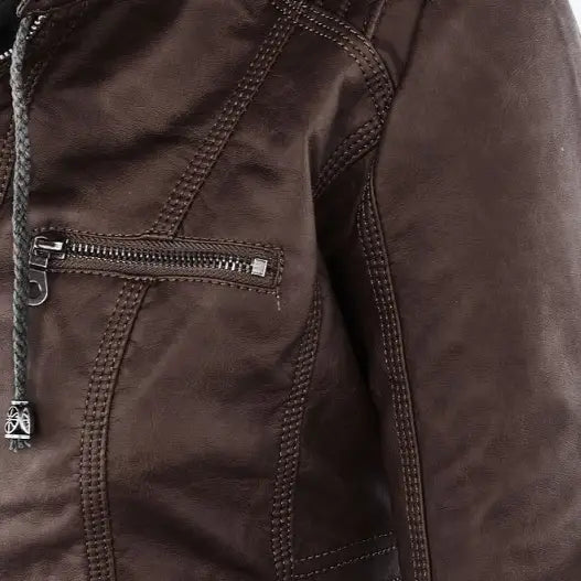 Dark brown faux leather moto jacket with a detachable hood featuring a zippered pocket and matching stitching.