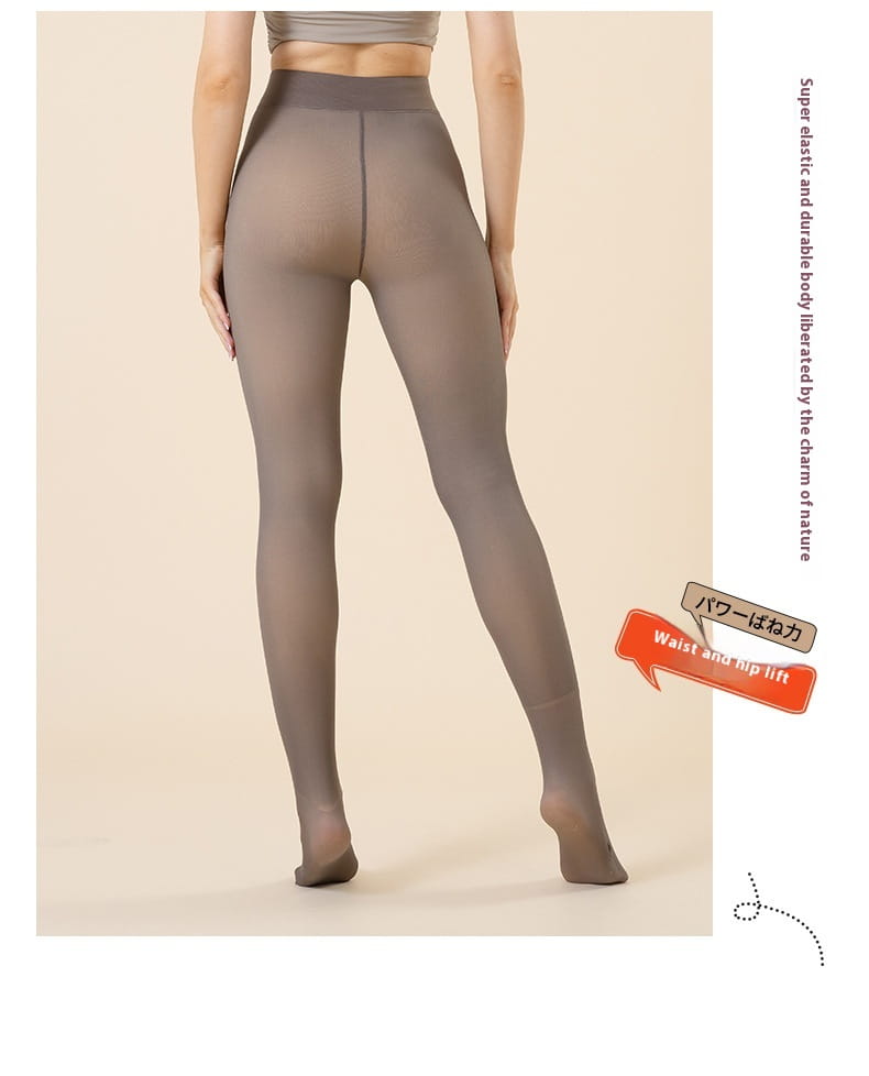 Ein Paar transparente, taube-farbene, hoch taillierte, warme fleecegefütterte Strumpfhosen-Leggings aus glattem, elastischem Material, das sich dem Körper anpasst.