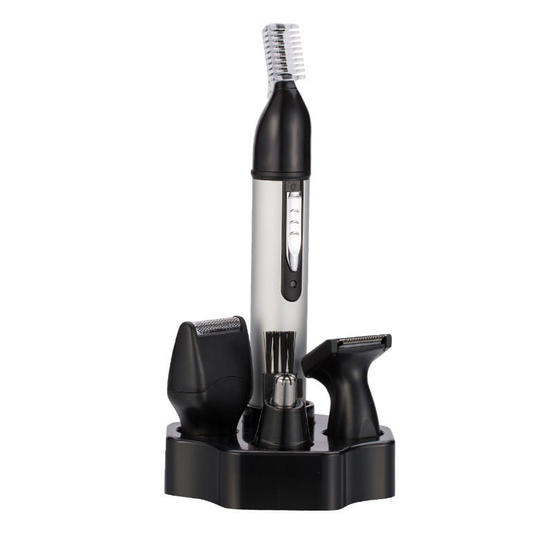 Tondeuse électrique noire et argent pour les poils du nez, kit de toilettage 4 en 1, avec plusieurs accessoires en acier inoxydable pour l’épilation des poils du visage et charge USB.