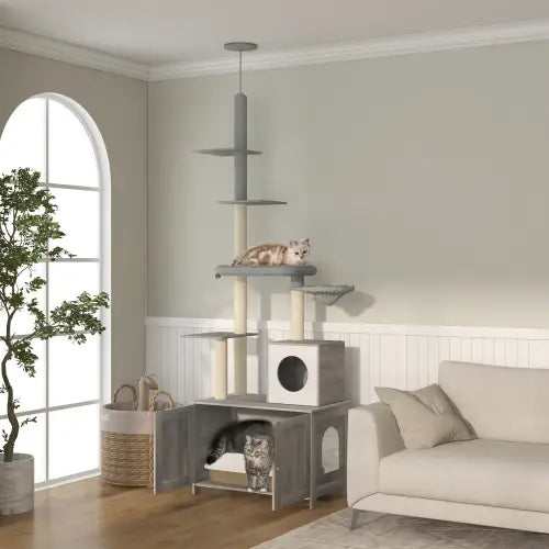 Arbre à chat Pawhut gris à plusieurs niveaux du sol au plafond fabriqué dans des matériaux durables, avec des poteaux à griffer et un refuge douillet comprenant une enceinte pour bac à litière.