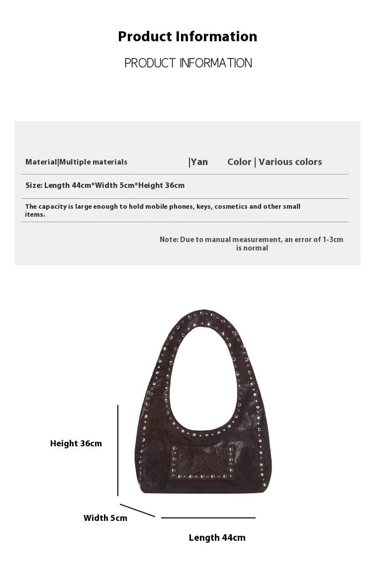 Dark brown leather shoulder bag with silver studs along the top edge and front flap designed as a retro hobo purse.