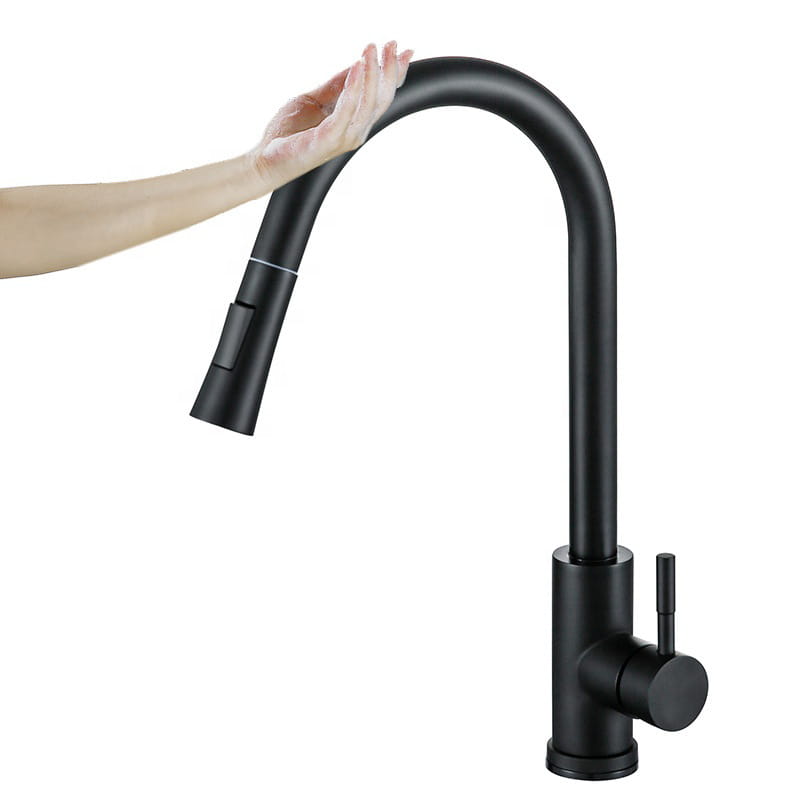 Black matte-finish Golden Smart Touch pull out kitchen faucet with a sleek curved spout and pull-down spray head.