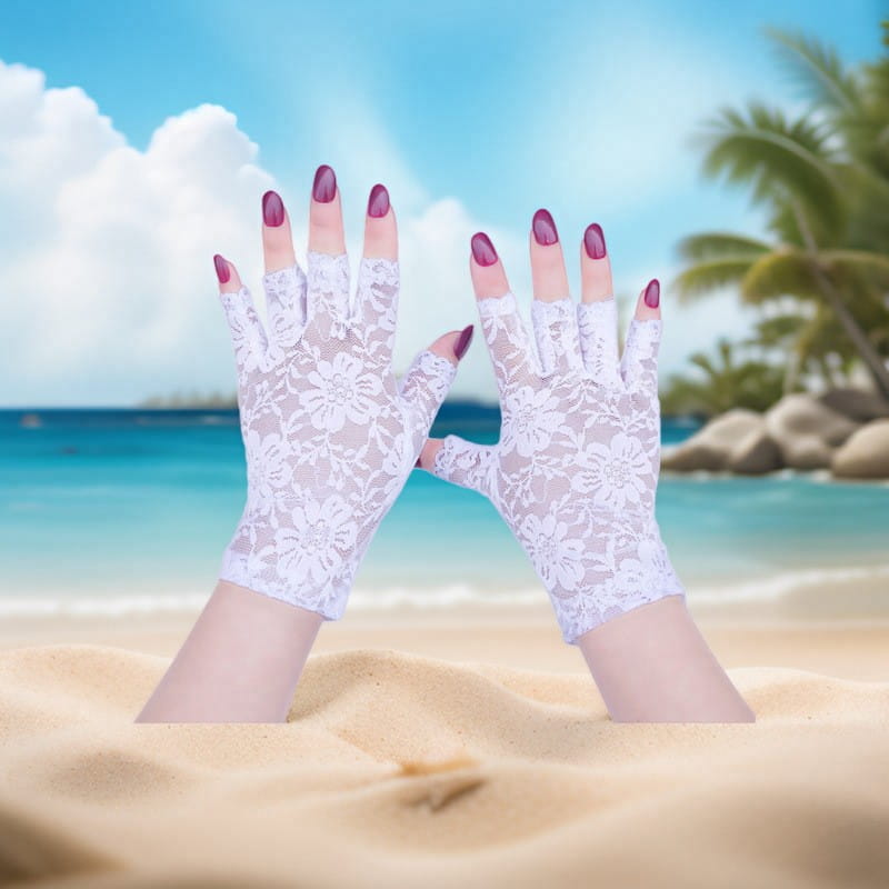 white floral lace fingerless gloves for women showing the back side designed for sun protection and made of delicate lace material