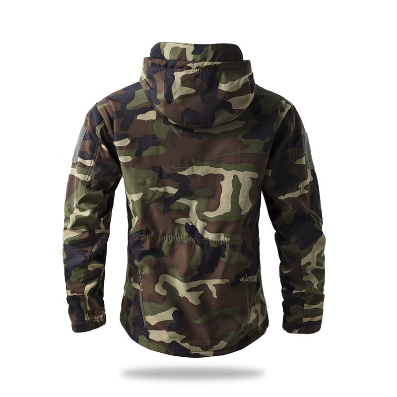Men’s waterproof tactical fleece soft shell jacket in camouflage pattern with hood featuring shades of green brown and beige in irregular design.