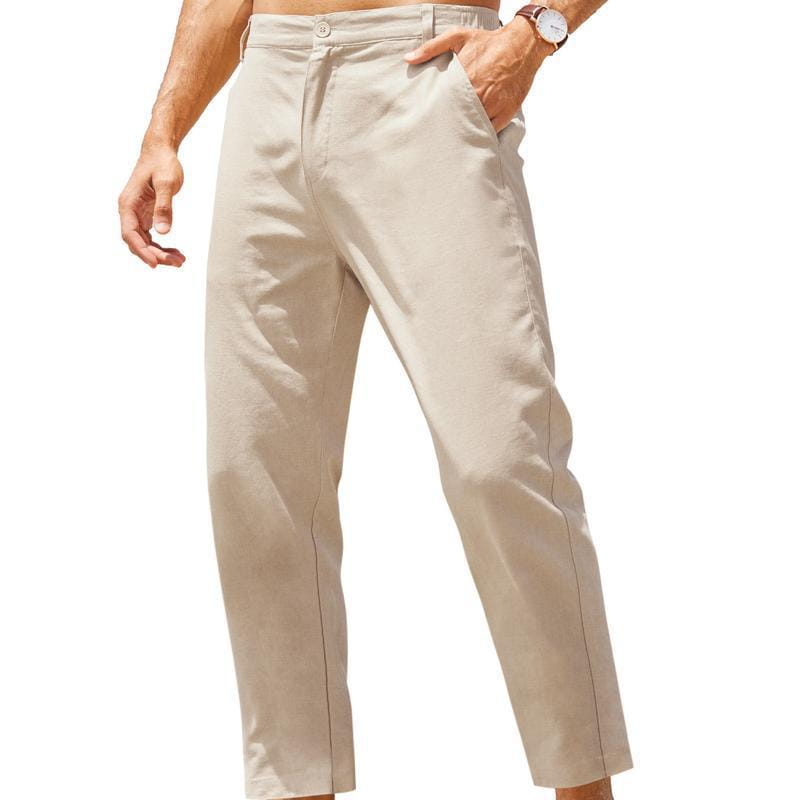 Beige Baumwoll-Leinen-Chinohosen für Herren im Casual-Stil mit hohem Stretchgewebe; mit klarer gerader Beinlinie und dezenten Nähten.