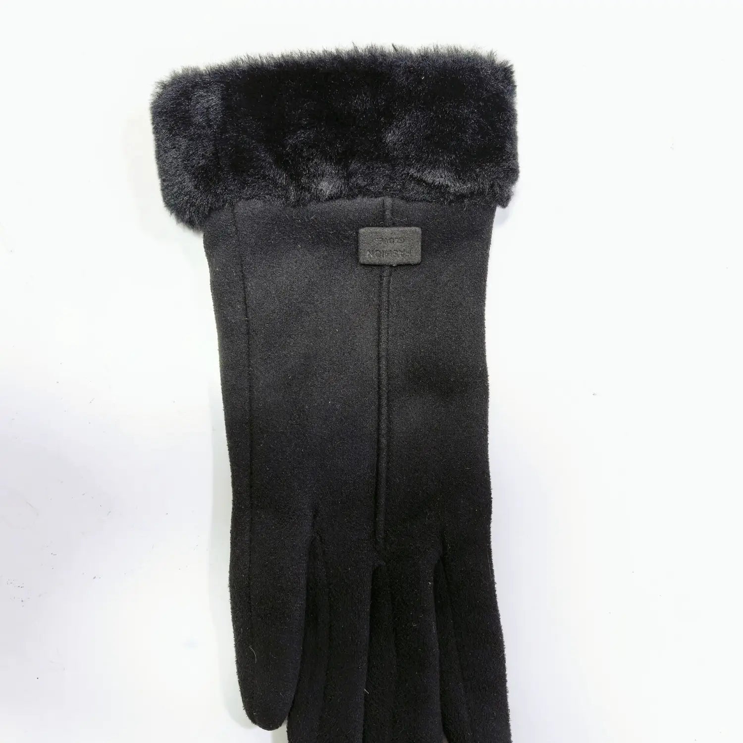 black suede women’s thermal touchscreen glove with plush fuzzy black cuff shown from the back side
